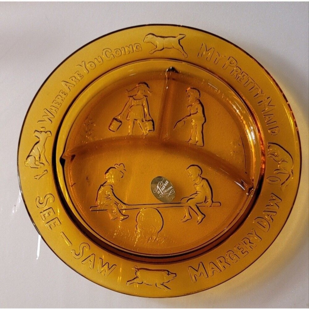 Vintage Tiara Indiana Glass Child's Set Plate Bowl Mug Nursery Rhymes Amber